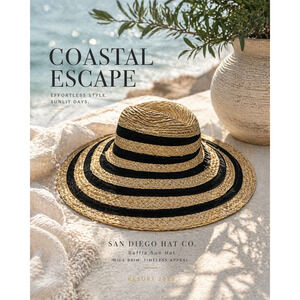 San Diego Hat Co Raffia Sun Hat Wide Brim 5” Black Ribbon Stripe Beach Coastal